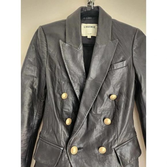 NWD L'Agence Kenzie Double Breasted Leather Blazer Size 2 Black - Picture 5 of 14